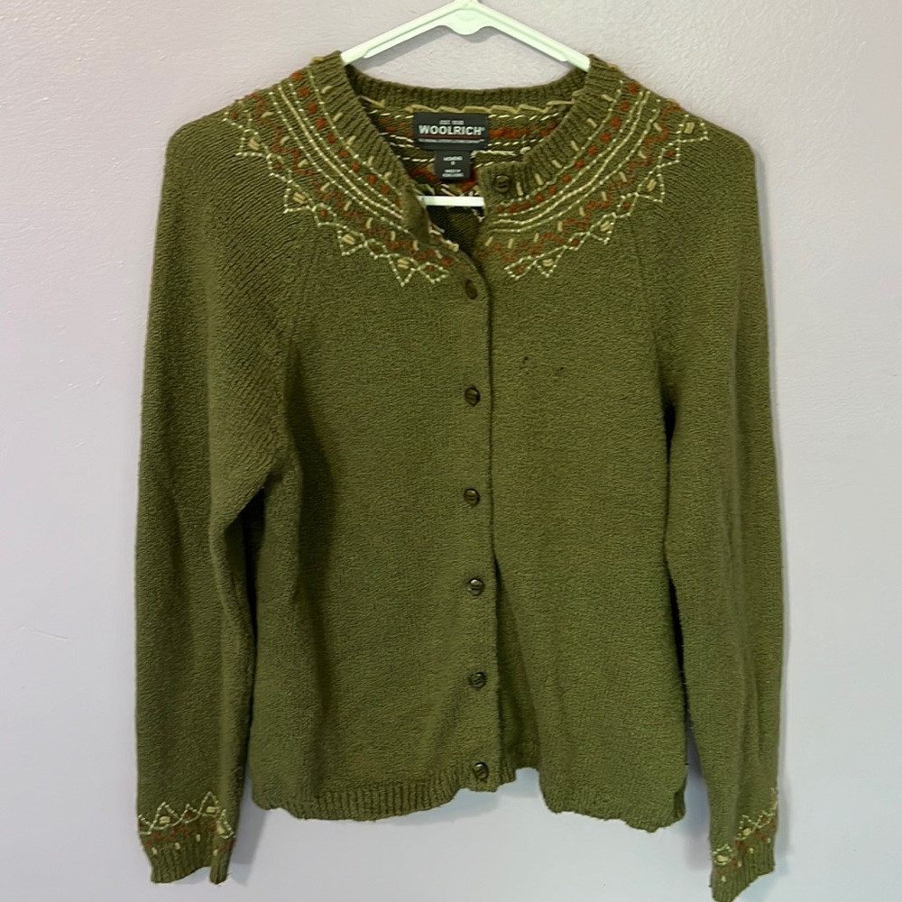 Woolrich Green Wool Embroidered Cardigan Sweater - Picture 1 of 13